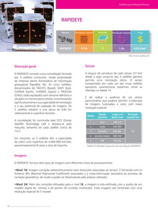 42 • Satélites para Deteção Remota aplicada à Gestão Territorial
RAPIDEYE
Los 5 satélites tras finalizar su construcción. Fonte: SSTL.
http://www.rapideye.de
Descrição geral
O RAPIDEYE consiste numa constelação formada
por 5 satélites comerciais, sendo propriedade
da empresa alemã fornecedora de informação
geoespacial RapidEye AG. Os cinco satélites,
denominados de TACHYS (Rapid), MATI (Eye),
CHOMA (Earth), CHOROS (Space) e TROCHIA
(Orbit), estão equipados com sensores idênticos e
situados no mesmo plano orbital, incrementando
significativamente a sua capacidade de revisitação
e o seu potencial de captação de imagens. Os
5 satélites orbitam a una altura de 630 km
relativamente à superfície terrestre.
A constelação foi construída pela SSTL (Surrey
Satellite Technology Ltd) e destaca-se pelo
reduzido tamanho de cada satélite (cerca de
1m³).
Em conjunto, os 5 satélites têm a capacidade
de cobrir uma superfície de 4.000.000 km²/dia,
aproximadamente 8 vezes a área de Espanha.
Sensor
A largura de varredura de cada sensor (77 km)
aliada à ação conjunta dos 5 satélites gémeos
permite uma revisitação diária. O sensor
transportado por cada um dos cinco satélites
apresenta características espectrais como as
referidas na Tabela 14.
É de realçar a ausência de um sensor
pancromático que poderia permitir a obtenção
de imagens fusionadas a cores com maior
resolução espacial.
Imagens
O RAPIDEYE fornece dois tipos de imagens com diferentes níveis de processamento:
•Nível 1B: Imagem corrigida radiometricamente (sem distorções associadas ao sensor). É fornecida com os
ficheiros RPC (Rational Polynomial Coefficient) associados e a meta-informação necessária ao processo de
correção geométrica, de modo a poder ser desenvolvida pelo próprio utilizador.
•Nível 3A: Além das correções efetuadas para o nível 1B, a imagem é orto-retificada com o auxílio de um
modelo digital do terreno e de pontos de controlo conhecidos. Estas imagens são fornecidas com uma
resolução espacial de 5 m/pixel.
Tabela 14. Bandas espectrais da constelação RAPIDEYE.
Satélites para Deteção Remota
Banda
Região
espectral
Largura de
banda (nm)
Resolução
espacial (m)
Azul
Verde
Vermelho
Vermelho distante
NIR
2
1
3
4
5
520-590
630-685
690-730
760-850
440-510
6,5
Resolução espacial Resolução temporal Preço
1 dia
 