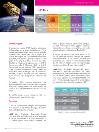 46 • Satélites para Deteção Remota aplicada à Gestão Territorial
SPOT-5
SPOT-5. Fonte: CNES.
http://spot5.cnes.fr/gb/index2.htm
Descrição geral
O programa francês SPOT (Système Probatoire
d’Observation de la Terre), aprovado em 1978 e
desenvolvido pelo CNES (Centre National d’Études
Spatiales), em colaboração com a Bélgica e a
Suécia, deu origem até à atualidade a um total de
5 satélites para uso civil. O primeiro satélite da série
(SPOT-1) foi lançado a 22 de Fevereiro de 1986.
Mantêm-se atualmente operacionais o SPOT-4
(lançamento a 24 de Março de 1998) e o SPOT-5
(lançamento a 4 de Maio de 2002). O arranque
do programa SPOT representou naquela época um
importante salto tecnológico para a observação
terrestre, ao gerar imagens com uma resolução
espacial inédita até à data para um satélite civil (10
m/pixel).
Os satélites SPOT, operados atualmente pela
Astrium GEO-Information, têm a sua continuidade
assegurada e programada com o lançamento em
2012 e 2013, respectivamente, do SPOT-6 e do
SPOT-7.
O satélite orbita a uma altura de 822 km
relativamente à superfície terrestre.
Sensores
O SPOT-5 pode fornecer imagens multiespectrais
num corredor de até 900 km de largura. O satélite
transporta os seguintes sensores:
•HRG (High Resolution Geometric): Sensor
óptico de alta resolução espacial que apresenta
4 bandas multiespectrais e uma pancromática.
O satélite possui duas destas unidades, de
modo a poder executar observações oblíquas.
Os dois instrumentos HRG podem funcionar
independentemente ou em simultâneo, em modo
pancromático ou multiespectral (Tabela 17).
A largura de varredura de cada sensor é de
60 km, pelo que quando operam em tandem
(simultaneamente e de modo coordenado)
apresentam uma largura de varredura combinada
de até 120 km. Podem ainda ser reorientados
lateralmente até um ângulo máximo de 27º.
•HRS (High Resolution Stereoscopic): Sensor
dedicado à aquisição simultânea de pares
estereoscópicos,numcorredorde120kmdelargura
por um máximo de 600 km de comprimento, com
uma banda espectral pancromática (490-690 nm)
com 10 m de resolução espacial. O sensor possui
um ângulo de visão dianteira/traseira de ±20º.
Fontes:
CNES http://spot5.cnes.fr/gb/index2.htm
Spot Image http://www.spotimage.com
Ekodes http://www.ekodes.com
Tabela 17. Bandas espectrais do sensor HRG.
Satélites para Deteção Remota
Banda
Região
espectral
Largura de
banda (nm)
Resolução
espacial (m)
Pancromático
Verde
Vermelho
NIR
SWIR
1
2
3
4
500-590
610-680
780-890
1580-1750
480-710
2,5 (modo
“super”) ou 5
10
Resolução espacial Resolução temporal Preço
2,4 - 3,7 dias
26 dias
2,5 ou 5m
 