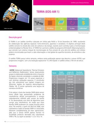 48 • Satélites para Deteção Remota aplicada à Gestão Territorial
TERRA (EOS-AM 1)
TERRA. Fonte: NASA
http://terra.nasa.gov
Descrição geral
O TERRA é um satélite científico colocado em órbita pela NASA a 18 de Dezembro de 1999, resultando
da colaboração das agências espaciais norte-americana, japonesa e canadiana. O objetivo principal deste
satélite consiste no estudo dos ciclos de carbono e da energia, visando assim contribuir para a monitorização
ambiental global no Planeta Terra. O TERRA foi o primeiro satélite do programa EOS (Earth Observing System),
que consiste num sistema integral de monitorização da Terra através de uma série de satélites com órbitas
polares sincronizadas que levam a cabo observações a nível global da superfície terrestre, da atmosfera e dos
oceanos.
O satélite TERRA possui vários sensores, embora nesta publicação apenas seja descrito o sensor ASTER, que
proporciona imagens com una resolução espacial de 15 a 90 m/pixel. O satélite orbita a 705 km de altura.
Sensores
•ASTER (Advanced Spaceborne Thermal Emission
and Reflection Radiometer): Sensor desenvolvido
graças à colaboração estabelecida entre o Governo
do Japão e distintas sociedades e unidades de I&D.
Proporciona imagens em 14 canais espectrais e
com distintas resoluções espaciais. É constituído
por três subsistemas que captam imagens em
diferentes regiões do espectro eletromagnético
(Tabela 18). O sensor apresenta uma largura de
varredura de 60 km.
É de realçar o facto das bandas SWIR deste sensor
terem desde logo apresentado problemas de
interferências devido principalmente à energia
indevidamente refletida pelo recetor da banda
4. Foi desenvolvida uma série de algoritmos para
corrigir esta interferência, de modo que estas
bandas SWIR pudessem ser usadas durante vários
anos. No entanto, a partir de Abril de 2008, este
subsistema e todas as bandas SWIR a si associadas
deixaram completamente de estar operacionais,
pelo que o sensor ASTER apenas fornece na
atualidade produtos derivados dos subsistemas
VNIR e TIR, ou sejam as bandas 1 a 3 e 10 a 14.
Tabela 18: Bandas espectrais do sensor ASTER
Satélites para Deteção Remota
Banda
Região
espectral
Largura de
banda (nm)
Resolução
espacial (m)
Visível e NIR
SWIR
TIR
2 15630-690
5 2145-2185
8 2295-2365
11 8475-8825
13
90
10250-10950
3 760-860
6
30
2185-2225
9 2360-2430
12 8925-9275
14 10950-11650
1 520-600
4 1600-1700
7 2235-2285
10 8125-8475
Resolução espacial Resolução temporal Preço
16 dias
 