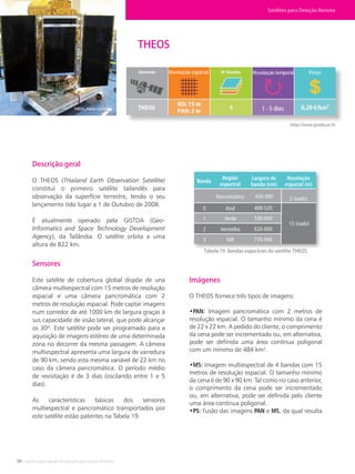 50 • Satélites para Deteção Remota aplicada à Gestão Territorial
THEOS
THEOS. Fonte: GISTDA
http://www.gistda.or.th
Descrição geral
O THEOS (THailand Earth Observation Satellite)
constitui o primeiro satélite tailandês para
observação da superfície terrestre, tendo o seu
lançamento tido lugar a 1 de Outubro de 2008.
É atualmente operado pela GISTDA (Geo-
Informatics and Space Technology Development
Agency), da Tailândia. O satélite orbita a uma
altura de 822 km.
Sensores
Este satélite de cobertura global dispõe de una
câmera multiespectral com 15 metros de resolução
espacial e uma câmera pancromática com 2
metros de resolução espacial. Pode captar imagens
num corredor de até 1000 km de largura graças à
sus capacidade de visão lateral, que pode alcançar
os 30º. Este satélite pode ser programado para a
aquisição de imagens estéreo de uma determinada
zona no decorrer da mesma passagem. A câmera
multiespectral apresenta uma largura de varredura
de 90 km, sendo esta mesma variável de 22 km no
caso da câmera pancromática. O período médio
de revisitação é de 3 dias (oscilando entre 1 e 5
dias).
As características básicas dos sensores
multiespectral e pancromático transportados por
este satélite estão patentes na Tabela 19.
Imágenes
O THEOS fornece três tipos de imagens:
•PAN: Imagem pancromática com 2 metros de
resolução espacial. O tamanho mínimo da cena é
de 22 x 22 km. A pedido do cliente, o comprimento
da cena pode ser incrementado ou, em alternativa,
pode ser definida uma área contínua poligonal
com um mínimo de 484 km².
•MS: Imagem multiespectral de 4 bandas com 15
metros de resolução espacial. O tamanho mínimo
da cena é de 90 x 90 km. Tal como no caso anterior,
o comprimento da cena pode ser incrementado
ou, em alternativa, pode ser definida pelo cliente
uma área contínua poligonal.
•PS: Fusão das imagens PAN e MS, da qual resulta
Tabela 19. Bandas espectrais do satélite THEOS.
Satélites para Deteção Remota
Banda
Região
espectral
Largura de
banda (nm)
Resolução
espacial (m)
Pancromático
Azul
Verde
Vermelho
NIR
0
1
2
3
400-520
530-600
620-690
770-900
450-900 2 (nadir)
15 (nadir)
Resolução espacial Resolução temporal Preço
1 - 5 dias
 