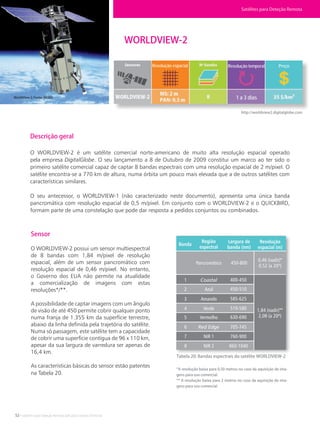 52 • Satélites para Deteção Remota aplicada à Gestão Territorial
WORLDVIEW-2
WorldView-2. Fonte: INGEO
http://worldview2.digitalglobe.com
Descrição geral
O WORLDVIEW-2 é um satélite comercial norte-americano de muito alta resolução espacial operado
pela empresa DigitalGlobe. O seu lançamento a 8 de Outubro de 2009 constitui um marco ao ter sido o
primeiro satélite comercial capaz de captar 8 bandas espectrais com uma resolução espacial de 2 m/pixel. O
satélite encontra-se a 770 km de altura, numa órbita um pouco mais elevada que a de outros satélites com
características similares.
O seu antecessor, o WORLDVIEW-1 (não caracterizado neste documento), apresenta uma única banda
pancromática com resolução espacial de 0,5 m/pixel. Em conjunto com o WORLDVIEW-2 e o QUICKBIRD,
formam parte de uma constelação que pode dar resposta a pedidos conjuntos ou combinados.
Sensor
O WORLDVIEW-2 possui um sensor multiespectral
de 8 bandas com 1,84 m/pixel de resolução
espacial, além de um sensor pancromático com
resolução espacial de 0,46 m/pixel. No entanto,
o Governo dos EUA não permite na atualidade
a comercialização de imagens com estas
resoluções*/**.
A possibilidade de captar imagens com um ângulo
de visão de até 450 permite cobrir qualquer ponto
numa franja de 1.355 km da superfície terrestre,
abaixo da linha definida pela trajetória do satélite.
Numa só passagem, este satélite tem a capacidade
de cobrir uma superfície contígua de 96 x 110 km,
apesar da sua largura de varredura ser apenas de
16,4 km.
As características básicas do sensor estão patentes
na Tabela 20.
Satélites para Deteção Remota
*A resolução baixa para 0,50 metros no caso da aquisição de ima-
gens para uso comercial.
** A resolução baixa para 2 metros no caso da aquisição de ima-
gens para uso comercial.
Banda
Região
espectral
Largura de
banda (nm)
Resolução
espacial (m)
Pancromático
Coastal
Azul
Amarelo
Verde
Vermelho
Red Edge
NIR 1
NIR 2
1
2
3
4
5
6
7
8
400-450
450-510
585-625
510-580
630-690
705-745
760-900
860-1040
450-800
0,46 (nadir)*
0,52 (a 20º)
1,84 (nadir)**
2,08 (a 20º)
Tabela 20: Bandas espectrais do satélite WORLDVIEW-2
Resolução espacial Resolução temporal Preço
1 a 3 dias
 