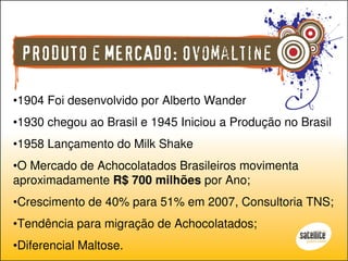 PRODUTO e MERCADO: Ovomaltine

•1904 Foi desenvolvido por Alberto Wander
•1930 chegou ao Brasil e 1945 Iniciou a Produção no Brasil
•1958 Lançamento do Milk Shake
•O Mercado de Achocolatados Brasileiros movimenta
aproximadamente R$ 700 milhões por Ano;
•Crescimento de 40% para 51% em 2007, Consultoria TNS;
•Tendência para migração de Achocolatados;
•Diferencial Maltose.
 