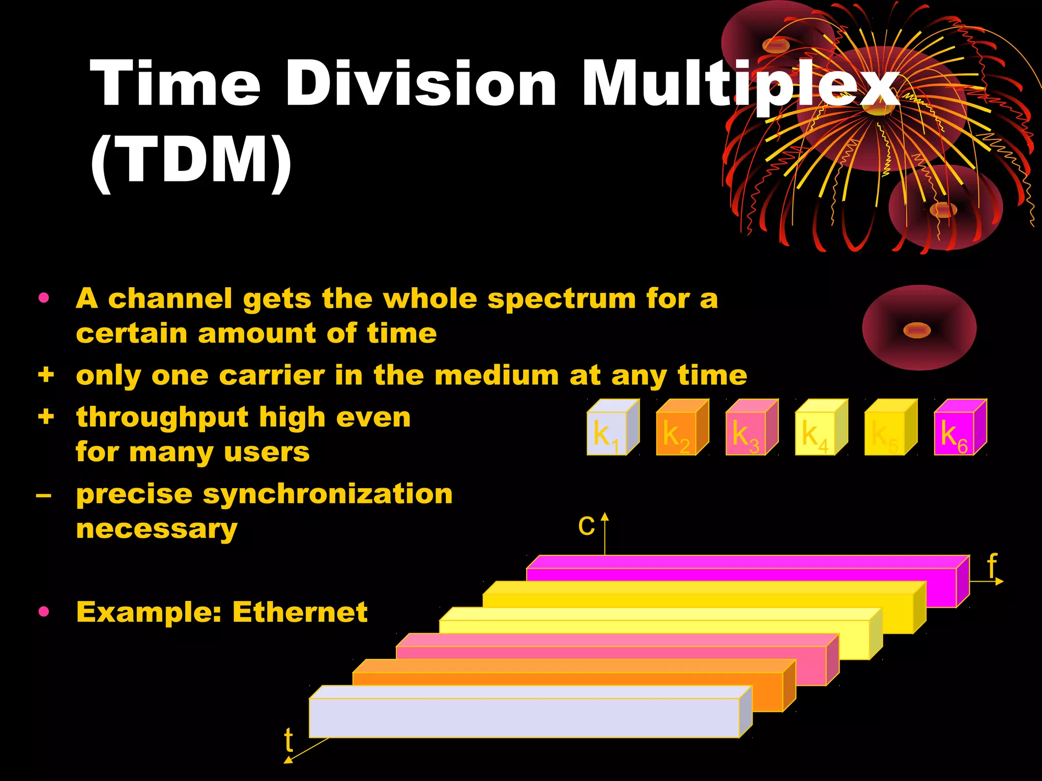 Time Division Multiplex
(TDM)
• A channel gets the whole spectrum for a
certain amount of time
+ only one carrier in the medium at any time
+ throughput high even
k1 k2 k3
for many users
– precise synchronization
c
necessary
• Example: Ethernet

t

k4

k5

k6

f

 
