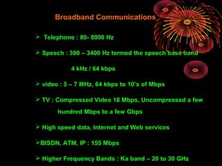 Broadband Communications
 Telephone : 80- 8000 Hz
 Speech : 300 – 3400 Hz termed the speech base band
4 kHz / 64 kbps
 video : 5 – 7 MHz, 64 kbps to 10’s of Mbps
 TV : Compressed Video 18 Mbps, Uncompressed a few
hundred Mbps to a few Gbps
 High speed data, Internet and Web services
BISDN, ATM, IP : 155 Mbps
 Higher Frequency Bands : Ka band – 20 to 30 GHz

 