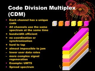 Code Division Multiplex
(CDM)
• Each channel has a unique
code
• All channels use the same
spectrum at the same time
+ bandwidth efficient
+ no coordination or
synchronization
+ hard to tap
+ almost impossible to jam
– lower user data rates
– more complex signal
regeneration
• Example: UMTS
• Spread spectrum

k1

k2

k3

k4

k5

k6

c

f

t

 
