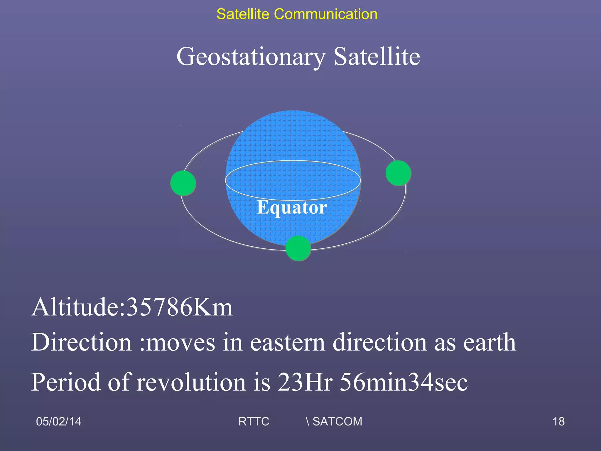Satellite Communication
05/02/14 RTTC  SATCOM 18
Geostationary Satellite
Altitude:35786Km
Direction :moves in eastern direction as earth
Period of revolution is 23Hr 56min34sec
Equator
 