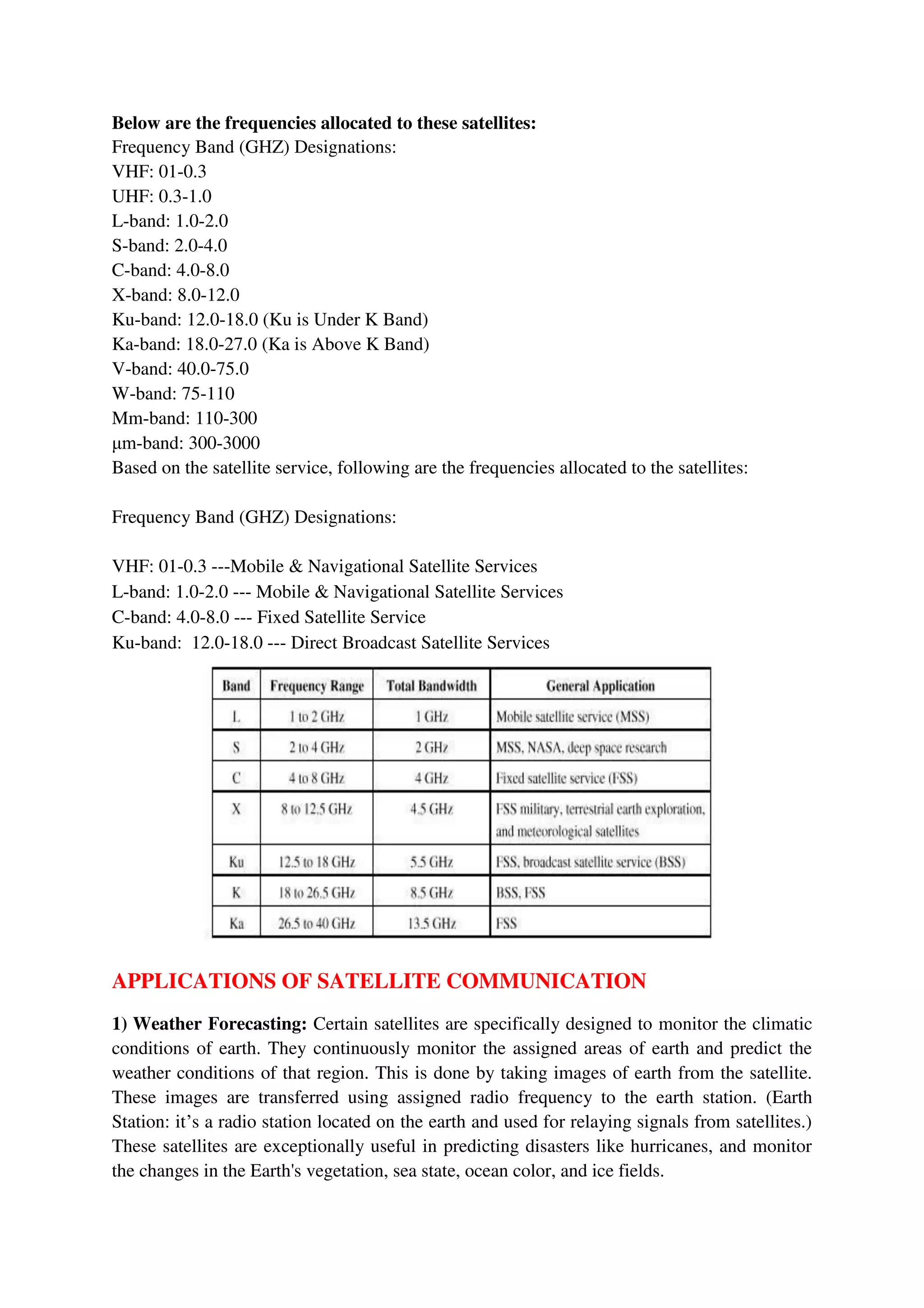 Below are the frequencies allocated to these satellites:
Frequency Band (GHZ) Designations:
VHF: 01-0.3
UHF: 0.3-1.0
L-band: 1.0-2.0
S-band: 2.0-4.0
C-band: 4.0-8.0
X-band: 8.0-12.0
Ku-band: 12.0-18.0 (Ku is Under K Band)
Ka-band: 18.0-27.0 (Ka is Above K Band)
V-band: 40.0-75.0
W-band: 75-110
Mm-band: 110-300
μm-band: 300-3000
Based on the satellite service, following are the frequencies allocated to the satellites:
Frequency Band (GHZ) Designations:
VHF: 01-0.3 ---Mobile & Navigational Satellite Services
L-band: 1.0-2.0 --- Mobile & Navigational Satellite Services
C-band: 4.0-8.0 --- Fixed Satellite Service
Ku-band: 12.0-18.0 --- Direct Broadcast Satellite Services
APPLICATIONS OF SATELLITE COMMUNICATION
1) Weather Forecasting: Certain satellites are specifically designed to monitor the climatic
conditions of earth. They continuously monitor the assigned areas of earth and predict the
weather conditions of that region. This is done by taking images of earth from the satellite.
These images are transferred using assigned radio frequency to the earth station. (Earth
Station: it’s a radio station located on the earth and used for relaying signals from satellites.)
These satellites are exceptionally useful in predicting disasters like hurricanes, and monitor
the changes in the Earth's vegetation, sea state, ocean color, and ice fields.
 