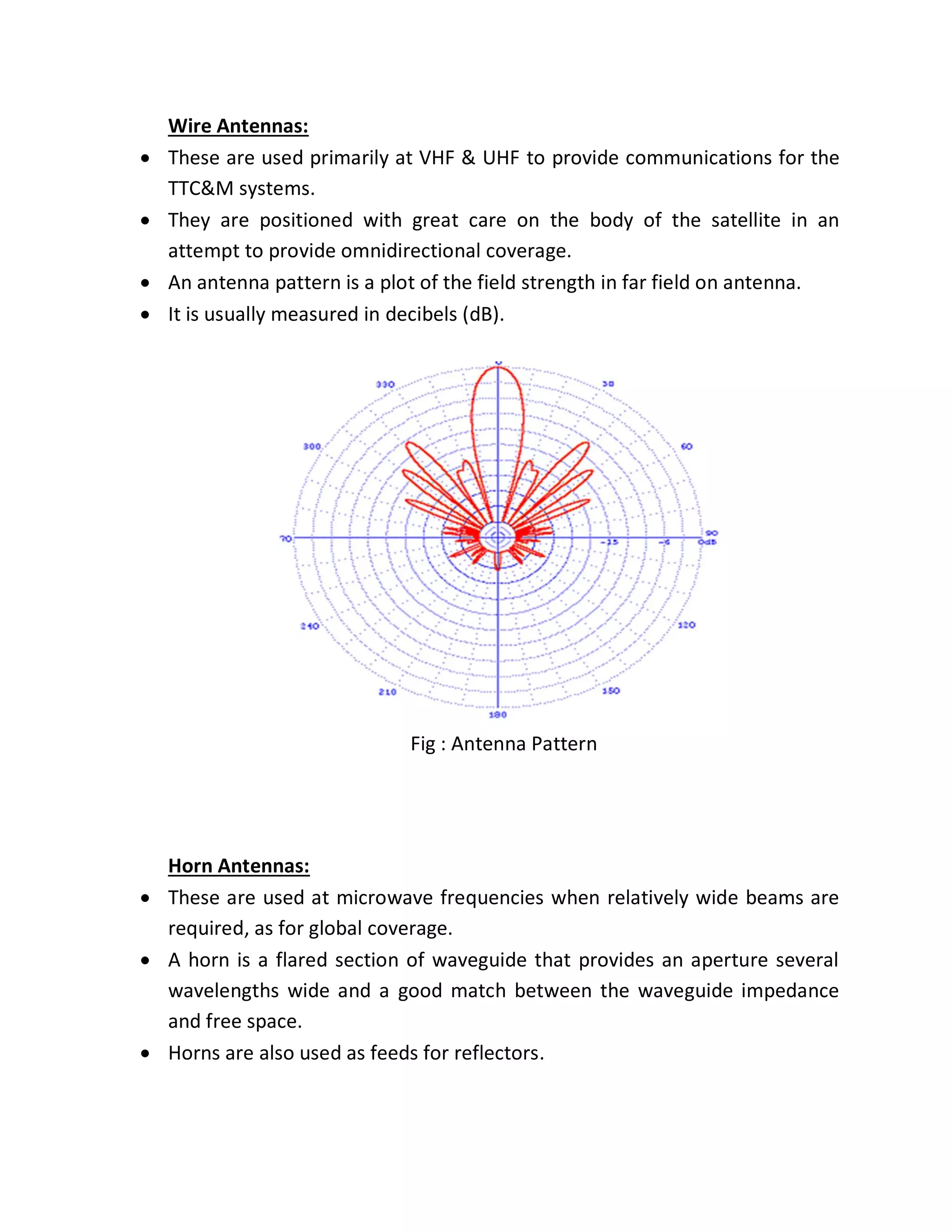 Wire Antennas:
 These are used primarily at VHF & UHF to provide communications for the
TTC&M systems.
 They are positioned with great care on the body of the satellite in an
attempt to provide omnidirectional coverage.
 An antenna pattern is a plot of the field strength in far field on antenna.
 It is usually measured in decibels (dB).
Fig : Antenna Pattern
Horn Antennas:
 These are used at microwave frequencies when relatively wide beams are
required, as for global coverage.
 A horn is a flared section of waveguide that provides an aperture several
wavelengths wide and a good match between the waveguide impedance
and free space.
 Horns are also used as feeds for reflectors.
 