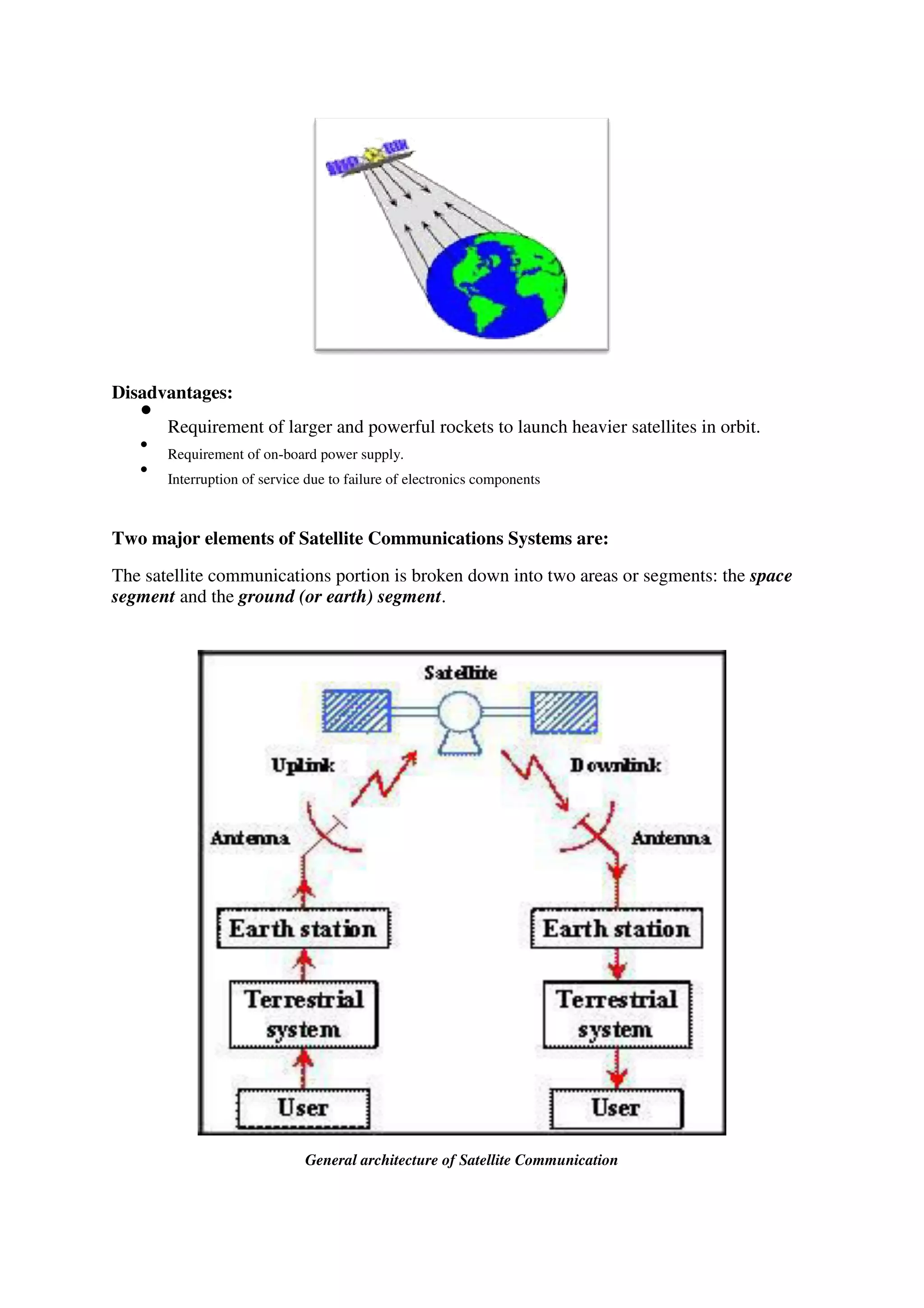 Disadvantages:

Requirement of larger and powerful rockets to launch heavier satellites in orbit.



Requirement of on-board power supply.



Interruption of service due to failure of electronics components

Two major elements of Satellite Communications Systems are:
The satellite communications portion is broken down into two areas or segments: the space
segment and the ground (or earth) segment.
General architecture of Satellite Communication
 