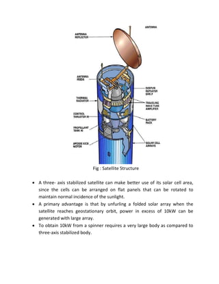 Fig : Satellite Structure
 A three- axis stabilized satellite can make better use of its solar cell area,
since the cells can be arranged on flat panels that can be rotated to
maintain normal incidence of the sunlight.
 A primary advantage is that by unfurling a folded solar array when the
satellite reaches geostationary orbit, power in excess of 10kW can be
generated with large array.
 To obtain 10kW from a spinner requires a very large body as compared to
three-axis stabilized body.
 