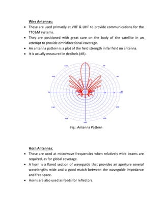 Wire Antennas:
 These are used primarily at VHF & UHF to provide communications for the
TTC&M systems.
 They are positioned with great care on the body of the satellite in an
attempt to provide omnidirectional coverage.
 An antenna pattern is a plot of the field strength in far field on antenna.
 It is usually measured in decibels (dB).
Fig : Antenna Pattern
Horn Antennas:
 These are used at microwave frequencies when relatively wide beams are
required, as for global coverage.
 A horn is a flared section of waveguide that provides an aperture several
wavelengths wide and a good match between the waveguide impedance
and free space.
 Horns are also used as feeds for reflectors.
 