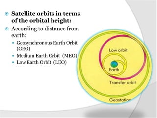    Satellite orbits in terms
    of the orbital height:
   According to distance from
    earth:
     Geosynchronous Earth Orbit
      (GEO)
     Medium Earth Orbit (MEO)
     Low Earth Orbit (LEO)
 