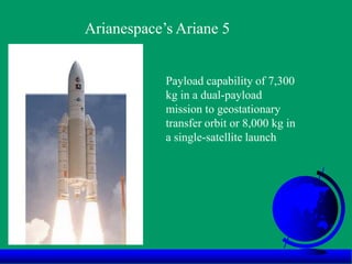 Arianespace’s Ariane 5
Payload capability of 7,300
kg in a dual-payload
mission to geostationary
transfer orbit or 8,000 kg in
a single-satellite launch
 