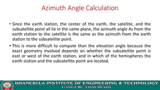 Azimuth Angle Calculation
• Since the earth station, the center of the earth, the satellite, and the
subsatellite point all lie in the same plane, the azimuth angle Az from the
earth station to the satellite is the same as the azimuth from the earth
station to the subsatellite point.
• This is more difficult to compute than the elevation angle because the
exact geometry involved depends on whether the subsatellite point is
east or west of the earth station, and in which of the hemispheres the
earth station and the subsatellite point are located.
 