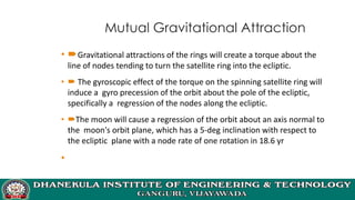 Mutual Gravitational Attraction
• Gravitational attractions of the rings will create a torque about the
line of nodes tending to turn the satellite ring into the ecliptic.
•  The gyroscopic effect of the torque on the spinning satellite ring will
induce a gyro precession of the orbit about the pole of the ecliptic,
specifically a regression of the nodes along the ecliptic.
• The moon will cause a regression of the orbit about an axis normal to
the moon's orbit plane, which has a 5-deg inclination with respect to
the ecliptic plane with a node rate of one rotation in 18.6 yr
•
 
