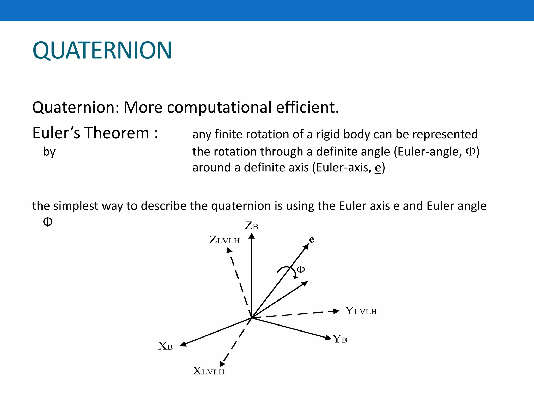 QUATERNION
Quaternion: More computational efficient.
Euler’s Theorem : any finite rotation of a rigid body can be represented
by the rotation through a definite angle (Euler-angle, )
around a definite axis (Euler-axis, e)
the simplest way to describe the quaternion is using the Euler axis e and Euler angle
Φ
YB
ZB
XB

e
XLVLH
YLVLH
ZLVLH
 