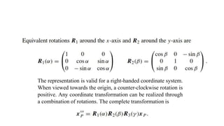 The representation is valid for a right-handed coordinate system.
When viewed towards the origin, a counter-clockwise rotation is
positive. Any coordinate transformation can be realized through
a combination of rotations. The complete transformation is
 