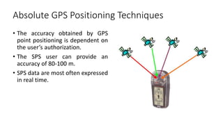 Absolute GPS Positioning Techniques
• The accuracy obtained by GPS
point positioning is dependent on
the user’s authorization.
• The SPS user can provide an
accuracy of 80-100 m.
• SPS data are most often expressed
in real time.
 