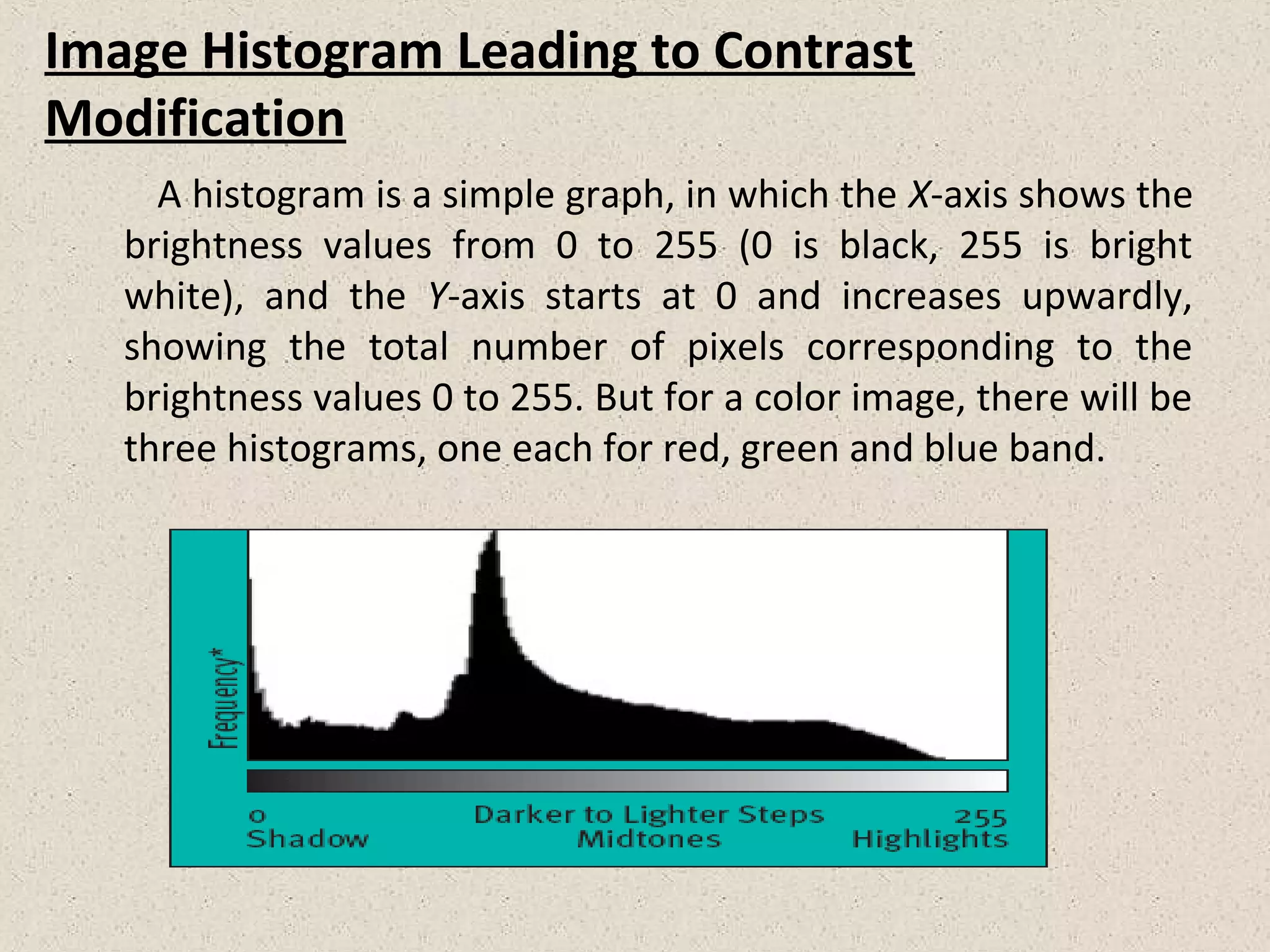 Image Histogram Leading to Contrast
Modification
A histogram is a simple graph, in which the X-axis shows the
brightness values from 0 to 255 (0 is black, 255 is bright
white), and the Y-axis starts at 0 and increases upwardly,
showing the total number of pixels corresponding to the
brightness values 0 to 255. But for a color image, there will be
three histograms, one each for red, green and blue band.
 