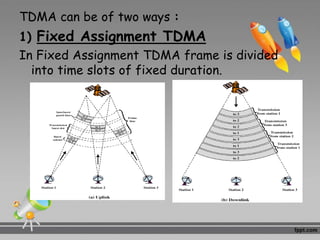 TDMA can be of two ways :
1) Fixed Assignment TDMA
In Fixed Assignment TDMA frame is divided
into time slots of fixed duration.
 