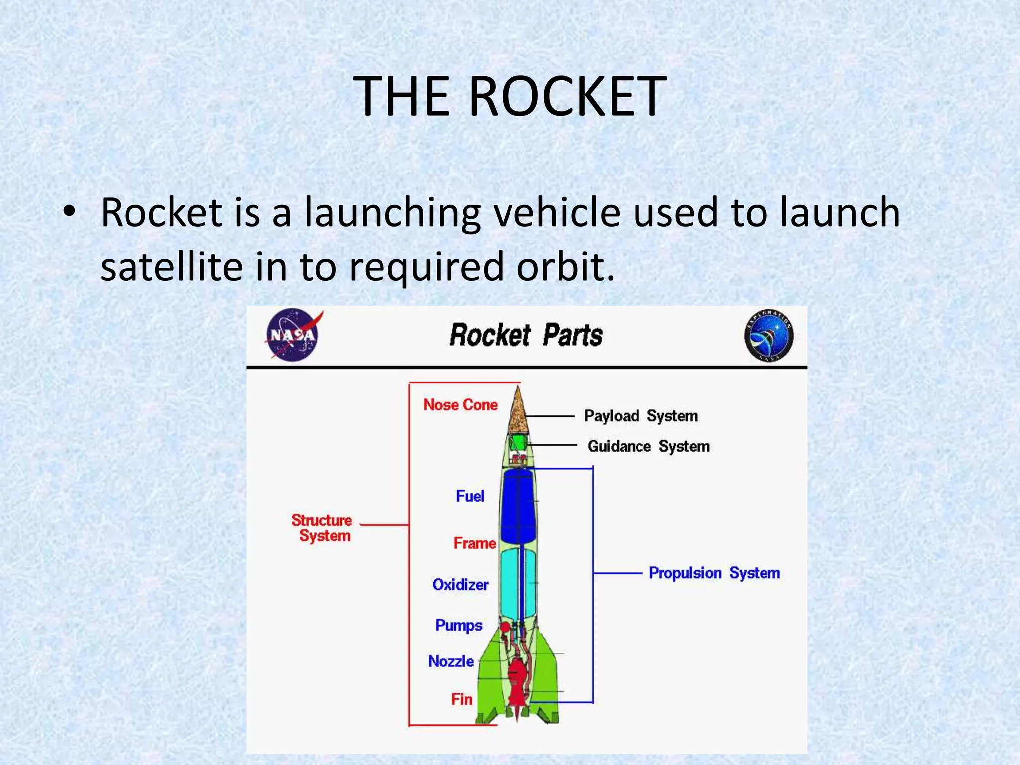 THE ROCKET
• Rocket is a launching vehicle used to launch
satellite in to required orbit.
 