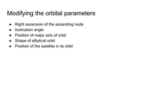 Modifying the orbital parameters
● Right ascension of the ascending node
● Inclination angle
● Position of major axis of orbit
● Shape of elliptical orbit
● Position of the satellite in its orbit
 