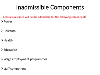 Inadmissible Components
Central assistance will not be admissible for the following components
Power
 Telecom
Health
Education
Wage employment programmes
staff component
 