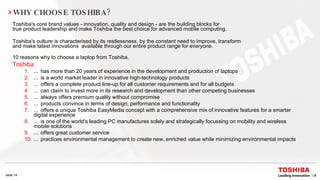 WHY CHOOSE TOSHIBA?  Toshiba's core brand values - innovation, quality and design - are the building blocks for  true product leadership and make Toshiba the best choice for advanced mobile computing.  Toshiba's culture is characterised by its restlessness, by the constant need to improve, transform  and make latest innovations available through our entire product range for everyone. 10 reasons why to choose a laptop from Toshiba.   Toshiba  ...  has more than 20 years of experience in the development and production of laptops   ...  is a world market leader in innovative high-technology products ...  offers a complete product line-up for all customer requirements and for all budgets … can claim to invest more in its research and development than other competing businesses ...  always offers premium quality without compromise ...  products convince in terms of design, performance and functionality ...  offers a unique Toshiba EasyMedia concept with a comprehensive mix of innovative features for a smarter  digital experience ...  is one of the world‘s leading PC manufactures solely and strategically focussing on mobility and wireless  mobile solutions ...  offers great customer service ...  practices environmental management to create new, enriched value while minimizing environmental impacts 