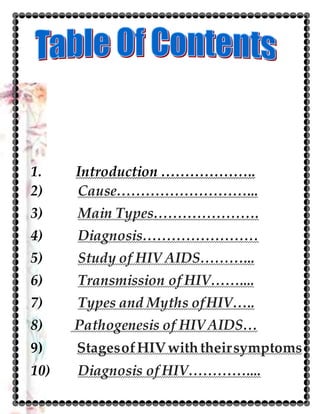 1. Introduction ………………..
2) Cause………………………...
3) Main Types………………….
4) Diagnosis……………………
5) Study of HIV AIDS………...
6) Transmission of HIV……....
7) Types and Myths ofHIV…..
8) Pathogenesis of HIVAIDS…
9) StagesofHIVwiththeirsymptoms
10) Diagnosis of HIV…………....
 