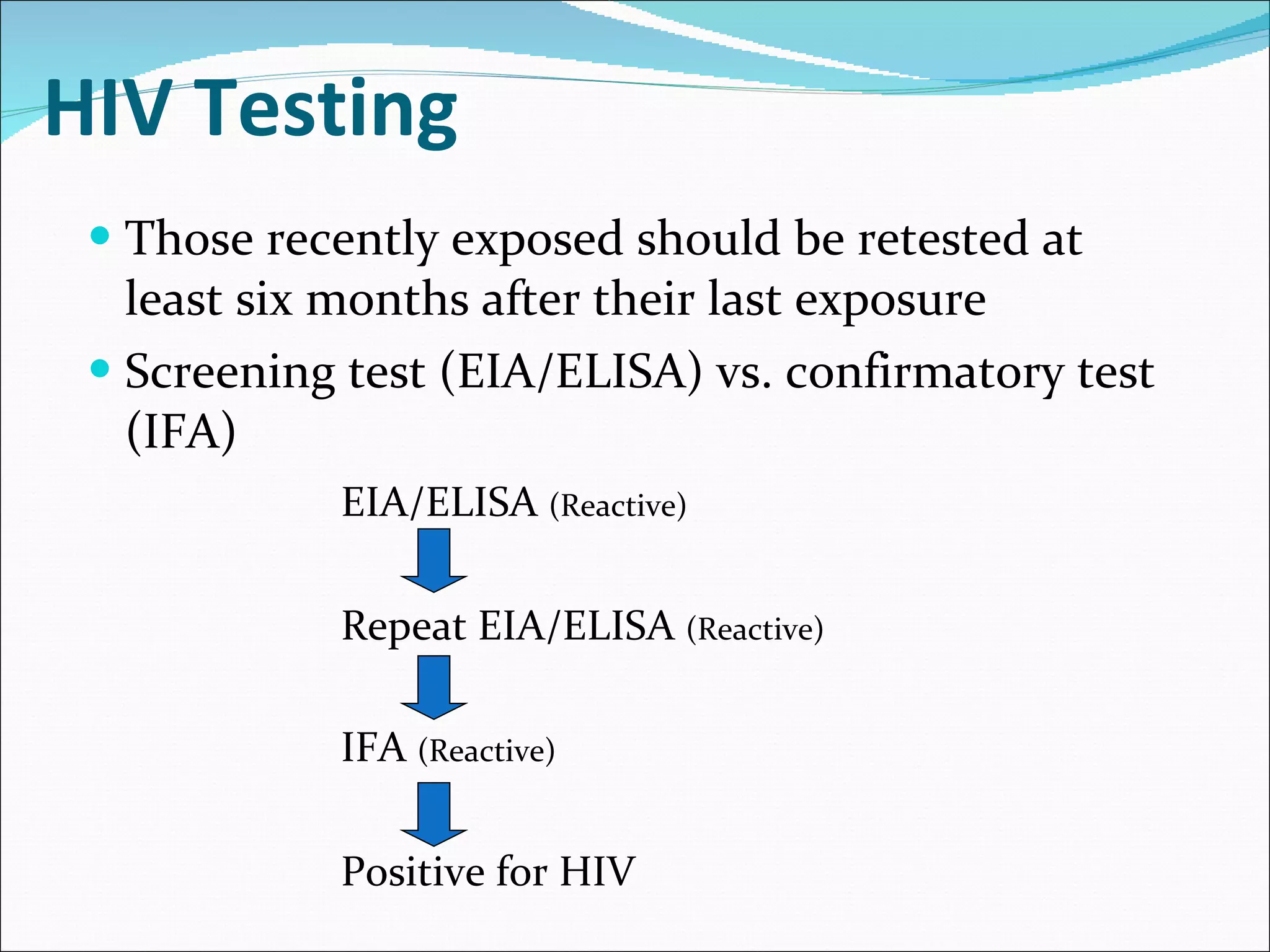 HIV Testing Those recently exposed should be retested at least six months after their last exposure Screening test (EIA/ELISA) vs. confirmatory test (IFA)   EIA/ELISA  (Reactive) Repeat EIA/ELISA  (Reactive) IFA  (Reactive) Positive for HIV 