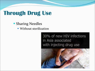 Through Drug Use <ul><li>Sharing Needles </li></ul><ul><ul><li>Without sterilization </li></ul></ul>