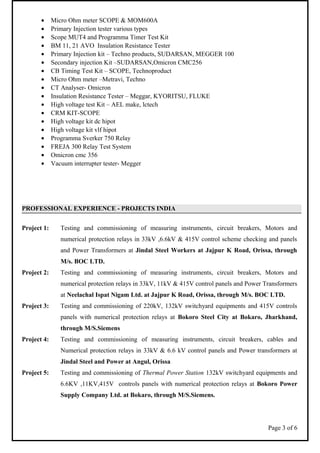 • Micro Ohm meter SCOPE & MOM600A
• Primary Injection tester various types
• Scope MUT4 and Programma Timer Test Kit
• BM 11, 21 AVO Insulation Resistance Tester
• Primary Injection kit – Techno products, SUDARSAN, MEGGER 100
• Secondary injection Kit –SUDARSAN,Omicron CMC256
• CB Timing Test Kit – SCOPE, Technoproduct
• Micro Ohm meter –Metravi, Techno
• CT Analyser- Omicron
• Insulation Resistance Tester – Meggar, KYORITSU, FLUKE
• High voltage test Kit – AEL make, lctech
• CRM KIT-SCOPE
• High voltage kit dc hipot
• High voltage kit vlf hipot
• Programma Sverker 750 Relay
• FREJA 300 Relay Test System
• Omicron cmc 356
• Vacuum interrupter tester- Megger
PROFESSIONAL EXPERIENCE - PROJECTS INDIA
Project 1: Testing and commissioning of measuring instruments, circuit breakers, Motors and
numerical protection relays in 33kV ,6.6kV & 415V control scheme checking and panels
and Power Transformers at Jindal Steel Workers at Jajpur K Road, Orissa, through
M/s. BOC LTD.
Project 2: Testing and commissioning of measuring instruments, circuit breakers, Motors and
numerical protection relays in 33kV, 11kV & 415V control panels and Power Transformers
at Neelachal Ispat Nigam Ltd. at Jajpur K Road, Orissa, through M/s. BOC LTD.
Project 3: Testing and commissioning of 220kV, 132kV switchyard equipments and 415V controls
panels with numerical protection relays at Bokoro Steel City at Bokaro, Jharkhand,
through M/S.Siemens
Project 4: Testing and commissioning of measuring instruments, circuit breakers, cables and
Numerical protection relays in 33kV & 6.6 kV control panels and Power transformers at
Jindal Steel and Power at Angul, Orissa
Project 5: Testing and commissioning of Thermal Power Station 132kV switchyard equipments and
6.6KV ,11KV,415V controls panels with numerical protection relays at Bokoro Power
Supply Company Ltd. at Bokaro, through M/S.Siemens.
Page 3 of 6
 