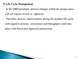 7] Life Cycle Management
⦁ In the QBD paradigm, process changes within the design space
will not require review or approval.
⦁ Therefore, process improvements during the product life cycle
with regard to process consistency and throughput could take
place with fewer post approval submissions.
15
 