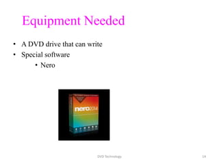 Equipment Needed
• A DVD drive that can write
• Special software
• Nero
DVD Technology 14
 