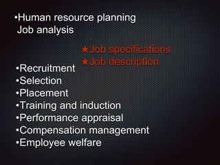 •Human resource planning
Job analysis
★Job specifications
★Job description
•Recruitment
•Selection
•Placement
•Training and induction
•Performance appraisal
•Compensation management
•Employee welfare
 