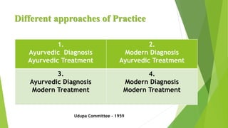 Different approaches of Practice
1.
Ayurvedic Diagnosis
Ayurvedic Treatment
2.
Modern Diagnosis
Ayurvedic Treatment
3.
Ayurvedic Diagnosis
Modern Treatment
4.
Modern Diagnosis
Modern Treatment
Udupa Committee - 1959
 