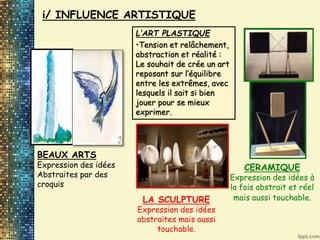 L’ART PLASTIQUE
•Tension et relâchement,
abstraction et réalité :
Le souhait de crée un art
reposant sur l’équilibre
entre les extrêmes, avec
lesquels il sait si bien
jouer pour se mieux
exprimer.
i/ INFLUENCE ARTISTIQUE
BEAUX ARTS
Expression des idées
Abstraites par des
croquis
LA SCULPTURE
Expression des idées
abstraites mais aussi
touchable.
CERAMIQUE
Expression des idées à
la fois abstrait et réel
mais aussi touchable.
 