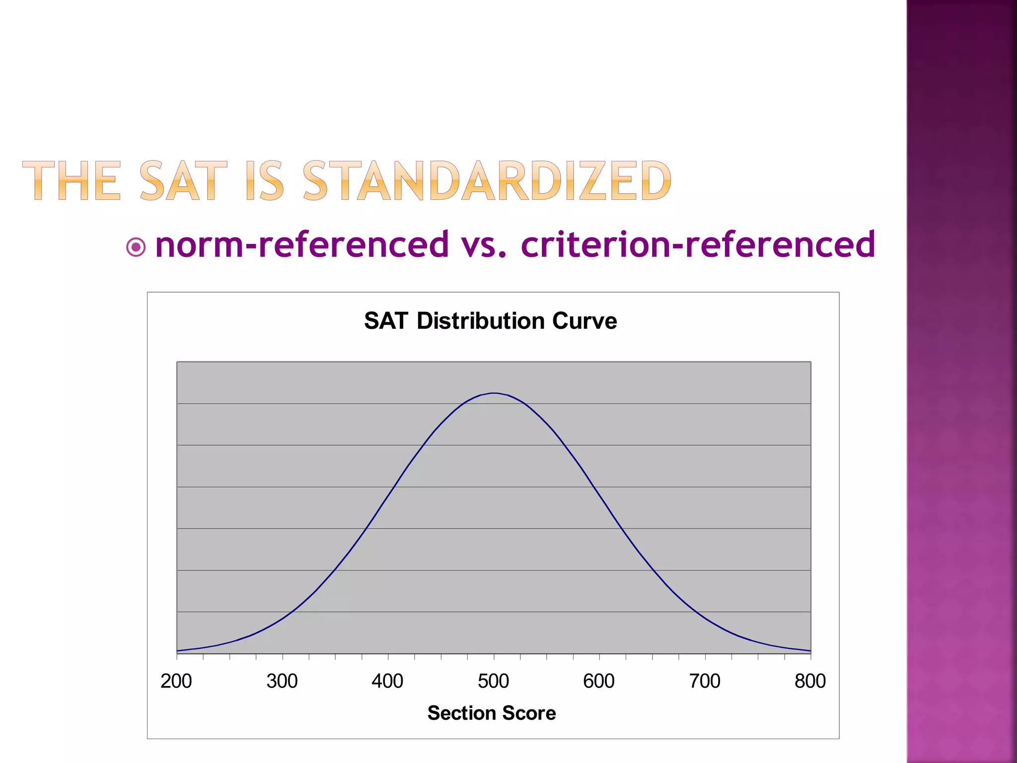  norm-referenced vs. criterion-referenced 
SAT Distribution Curve 
200 300 400 500 600 700 800 
Section Score 
 