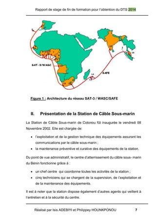 Rapport de stage de fin de formation pour l’obtention du DTS 2014
Réalisé par Isis ADEBIYI et Philippey HOUNKPONOU 7
Figure 1 : Architecture du réseau SAT-3 / WASC/SAFE
II. Présentation de la Station de Câble Sous-marin
La Station de Câble Sous-marin de Cotonou fût inaugurée le vendredi 08
Novembre 2002. Elle est chargée de:
 l’exploitation et de la gestion technique des équipements assurant les
communications par le câble sous-marin ;
 la maintenance préventive et curative des équipements de la station.
Du point de vue administratif, le centre d’atterrissement du câble sous- marin
du Bénin fonctionne grâce à :
 un chef centre qui coordonne toutes les activités de la station ;
 cinq techniciens qui se chargent de la supervision, de l’exploitation et
de la maintenance des équipements.
Il est à noter que la station dispose également d’autres agents qui veillent à
l’entretien et à la sécurité du centre.
 