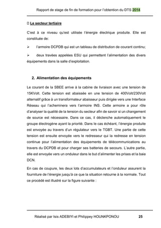 Rapport de stage de fin de formation pour l’obtention du DTS 2014
Réalisé par Isis ADEBIYI et Philippey HOUNKPONOU 25
Le secteur tertiaire
C’est à ce niveau qu’est utilisée l’énergie électrique produite. Elle est
constituée de:
 l’armoire DCPDB qui est un tableau de distribution de courant continu;
 deux travées appelées ESU qui permettent l’alimentation des divers
équipements dans la salle d’exploitation.
2. Alimentation des équipements
Le courant de la SBEE arrive à la cabine de livraison avec une tension de
15KVolt. Cette tension est abaissée en une tension de 400Volt/230Volt
alternatif grâce à un transformateur abaisseur puis dirigée vers une Interface
Réseau qui l’acheminera vers l’armoire INS. Cette armoire a pour rôle
d’analyser la qualité de la tension du secteur afin de savoir si un changement
de source est nécessaire. Dans ce cas, il déclenche automatiquement le
groupe électrogène ayant la priorité. Dans le cas échéant, l’énergie produite
est envoyée au travers d’un régulateur vers le TGBT. Une partie de cette
tension est ensuite envoyée vers le redresseur qui la redresse en tension
continue pour l’alimentation des équipements de télécommunications au
travers du DCPDB et pour charger ses batteries de secours. L’autre partie,
elle est envoyée vers un onduleur dans le but d’alimenter les prises et la baie
DCN.
En cas de coupure, les deux lots d’accumulateurs et l’onduleur assurent la
fourniture de l’énergie jusqu’à ce que la situation retourne à la normale. Tout
ce procédé est illustré sur la figure suivante :
 