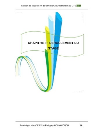 Rapport de stage de fin de formation pour l’obtention du DTS 2014
Réalisé par Isis ADEBIYI et Philippey HOUNKPONOU 28
CHAPITRE II : DEROULEMENT DU
STAGE
 