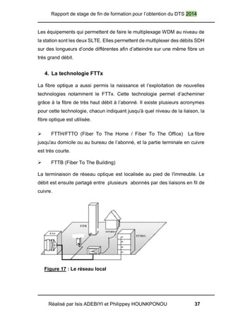 Rapport de stage de fin de formation pour l’obtention du DTS 2014
Réalisé par Isis ADEBIYI et Philippey HOUNKPONOU 37
Les équipements qui permettent de faire le multiplexage WDM au niveau de
la station sont les deux SLTE. Elles permettent de multiplexer des débits SDH
sur des longueurs d’onde différentes afin d’atteindre sur une même fibre un
très grand débit.
4. La technologie FTTx
La fibre optique a aussi permis la naissance et l’exploitation de nouvelles
technologies notamment le FTTx. Cette technologie permet d’acheminer
grâce à la fibre de très haut débit à l’abonné. Il existe plusieurs acronymes
pour cette technologie, chacun indiquant jusqu'à quel niveau de la liaison, la
fibre optique est utilisée.
 FTTH/FTTO (Fiber To The Home / Fiber To The Office) La fibre
jusqu'au domicile ou au bureau de l’abonné, et la partie terminale en cuivre
est très courte.
 FTTB (Fiber To The Building)
La terminaison de réseau optique est localisée au pied de l'immeuble. Le
débit est ensuite partagé entre plusieurs abonnés par des liaisons en fil de
cuivre.
Figure 17 : Le réseau local
 