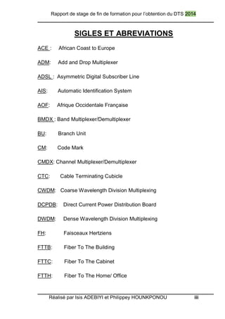 Rapport de stage de fin de formation pour l’obtention du DTS 2014
Réalisé par Isis ADEBIYI et Philippey HOUNKPONOU iii
SIGLES ET ABREVIATIONS
ACE : African Coast to Europe
ADM: Add and Drop Multiplexer
ADSL : Asymmetric Digital Subscriber Line
AIS: Automatic Identification System
AOF: Afrique Occidentale Française
BMDX : Band Multiplexer/Demultiplexer
BU: Branch Unit
CM: Code Mark
CMDX: Channel Multiplexer/Demultiplexer
CTC: Cable Terminating Cubicle
CWDM: Coarse Wavelength Division Multiplexing
DCPDB: Direct Current Power Distribution Board
DWDM: Dense Wavelength Division Multiplexing
FH: Faisceaux Hertziens
FTTB: Fiber To The Building
FTTC: Fiber To The Cabinet
FTTH: Fiber To The Home/ Office
 