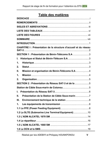 Rapport de stage de fin de formation pour l’obtention du DTS 2014
Réalisé par Isis ADEBIYI et Philippey HOUNKPONOU V
Table des matières
DEDICACE .............................................................................................i
REMERCIEMENTS ...............................................................................ii
SIGLES ET ABREVIATIONS............................................................... iii
LISTE DES TABLEAUX.......................................................................vi
LISTE DES FIGURES ......................................................................... vii
SOMMAIRE ........................................................................................ viii
INTRODUCTION....................................................................................1
CHAPITRE I : Présentation de la structure d’accueil et du réseau
SAT-3.....................................................................................................2
SECTION 1 : Présentation de Bénin-Télécoms S.A .........................3
I. Historique et Statut de Bénin-Télécom S.A.................................3
1. Historique .....................................................................................3
2. Statut.............................................................................................3
II. Mission et organisation de Bénin-Télécoms S.A.....................4
1. Mission .........................................................................................4
2. Organisation.................................................................................5
SECTION 2 : Présentation du Réseau SAT-3 et de la ......................5
Station de Câble Sous-marin de Cotonou.........................................5
I. Présentation du Réseau SAT-3.....................................................6
II. Présentation de la Station de Câble Sous-marin.....................7
III. Environnement technique de la station ....................................8
1. Les équipements de transmission ............................................8
1.1 La PFE (Power Feeding Equipment)............................................8
1.2 La SLTE (Submarine Line Terminal Equipment) ......................10
1.3 L’ADM ALCATEL 1670 SM ..........................................................14
1.4 Le répartiteur................................................................................16
1.5 L’ADM ALCATEL 1660 SM ..........................................................17
1.6 Le DCN et la SMS .........................................................................19
 
