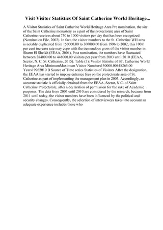 Visit Visitor Statistics Of Saint Catherine World Heritage...
A Visitor Statistics of Saint Catherine World Heritage Area Pre nomination, the site
of the Saint Catherine monastery as a part of the protectorate area of Saint
Catherine receives about 750 to 1000 visitors per day that has been recognized
(Nomination File, 2002). In fact, the visitor numbers to the St. Catherine WH area
is notably duplicated from 150000.00 to 300000.00 from 1996 to 2002, this 100.0
per cent increase rate may cope with the tremendous gross of the visitor number in
Sharm El Sheikh (EEAA, 2004). Post nomination, the numbers have fluctuated
between 284000.00 to 448000.00 visitors per year from 2003 until 2010 (EEAA,
Sector, N. C. St. Catherine, 2015). Table (3): Visitor Statistic of ST. Catherine World
Heritage Area MinimumMaximum Visitor Numbers150000.00448265.00
Years19962010 B Source of Time series Statistics of Visitors After the designation,
the EEAA has started to impose entrance fees on the protectorate area of St.
Catherine as part of implementing the management plan in 2003. Accordingly, an
accurate statistic is officially obtained from the EEAA, Sector, N.C. of Saint
Catherine Protectorate, after a declaration of permission for the sake of Academic
purposes. The data from 2003 until 2010 are considered by the research, because from
2011 until today, the visitor numbers have been influenced by the political and
security changes. Consequently, the selection of interviewees takes into account an
adequate experience includes those who
 