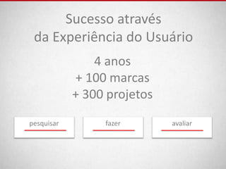 Sucesso através
 da Experiência do Usuário
                4 anos
            + 100 marcas
            + 300 projetos
pesquisar        fazer       avaliar
 
