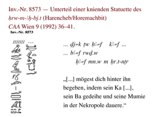 Inv.-Nr. 8573 — Unterteil einer knienden Statuette des
Hrw-m-Ax-bj.t (Harencheb/Horemachbit)
CAA Wien 9 (1992) 36–41.	


                      ... Dj≠k Tw HA≠f kA≠f ...
                      ... bA≠f rwD.w
                             XA≠f mn.w m Xr.t-nTr
                      	

                      „[...] mögest dich hinter ihn
                      begeben, indem sein Ka [...], 	

                      sein Ba gedeihe und seine Mumie
                      in der Nekropole dauere.“	
  	
  
 
