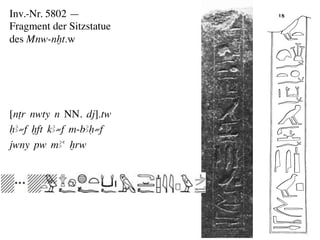 Inv.-Nr. 5802 — 	

Fragment der Sitzstatue 	

des Mnw-nxt.w 	
  




[nTr nwty n NN. dj].tw
HA≠f xft kA≠f m-bAH≠f
jwny pw mAa xrw	
  	
  
 