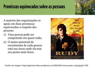 Premissasequivocadassobreaspessoas
A maioria das organizações se
apoia em duas premissas
equivocadas a respeito das
pessoas:
1) Uma pessoa pode ser
competente em quase tudo;
2) O maior potencial de
crescimento de cada pessoa
está nas áreas onde ela tem
seu ponto mais fraco.
Crédito da imagem: https://gdamiano.files.wordpress.com/2012/02/movie-poster-copy1.jpg?w=720
 