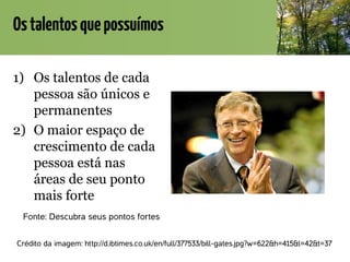 Ostalentosquepossuímos
1) Os talentos de cada
pessoa são únicos e
permanentes
2) O maior espaço de
crescimento de cada
pessoa está nas
áreas de seu ponto
mais forte
Fonte: Descubra seus pontos fortes
Crédito da imagem: http://d.ibtimes.co.uk/en/full/377533/bill-gates.jpg?w=622&h=415&l=42&t=37
 